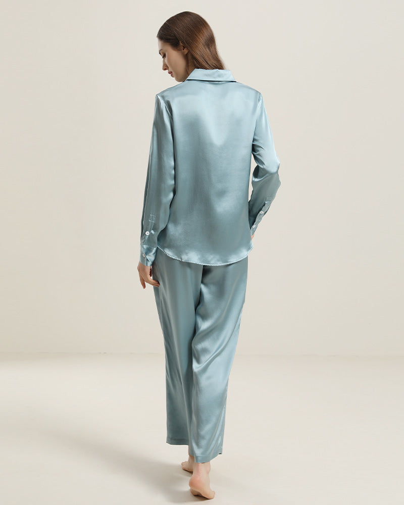 Luxury Silk Shirt Pajama Set, Haze Blue