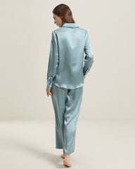 Luxury Silk Shirt Pajama Set, Haze Blue