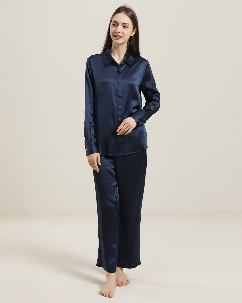 Luxury Silk Shirt Pajama Set, Navy