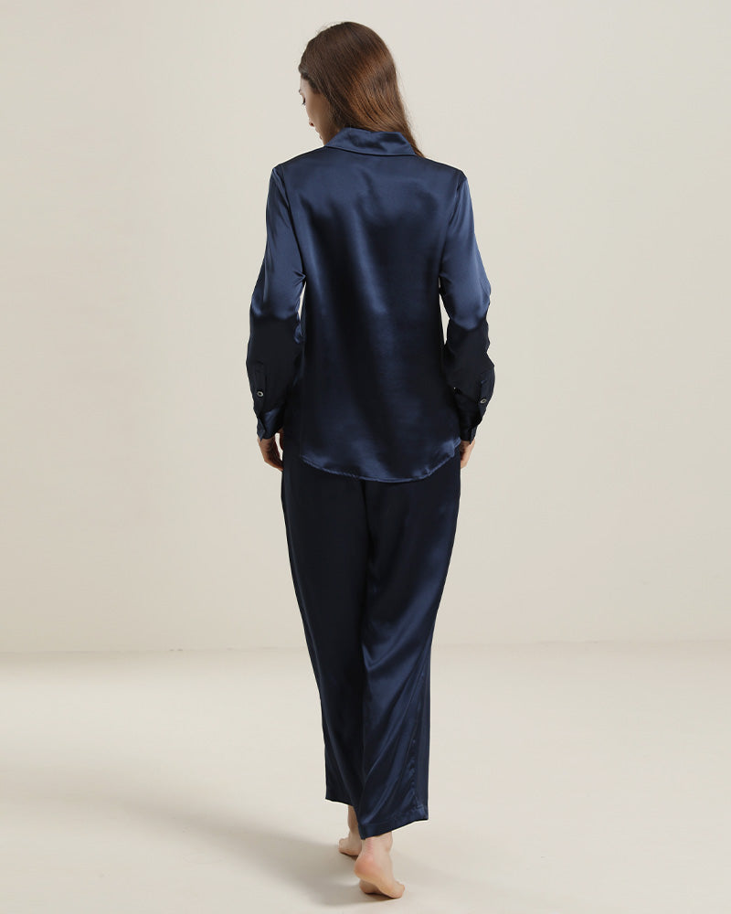 Luxury Silk Shirt Pajama Set, Navy
