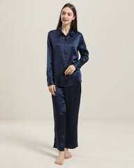 Luxury Silk Shirt Pajama Set, Navy