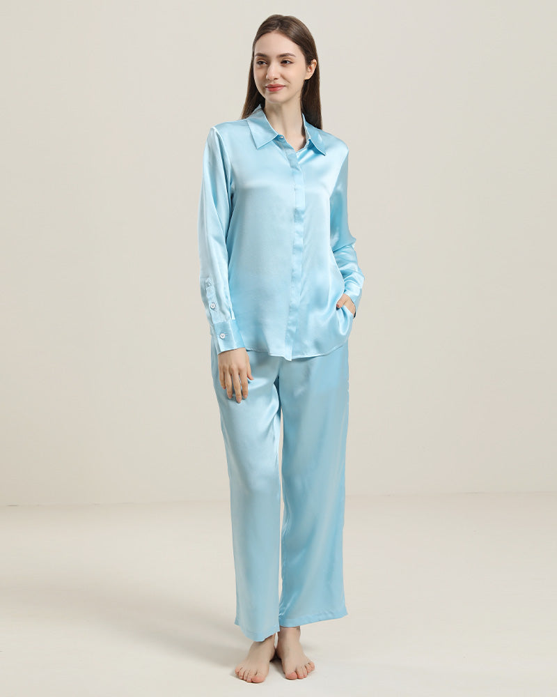 Luxury Silk Shirt Pajama Set, Sky Blue