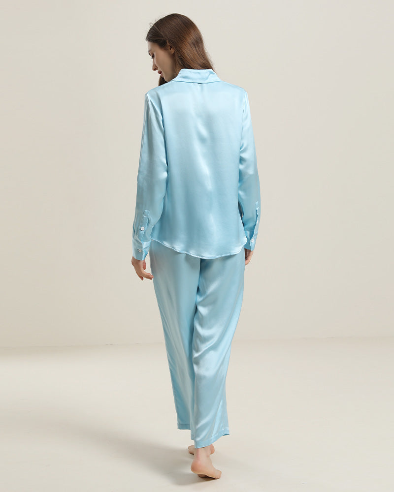 Luxury Silk Shirt Pajama Set, Sky Blue