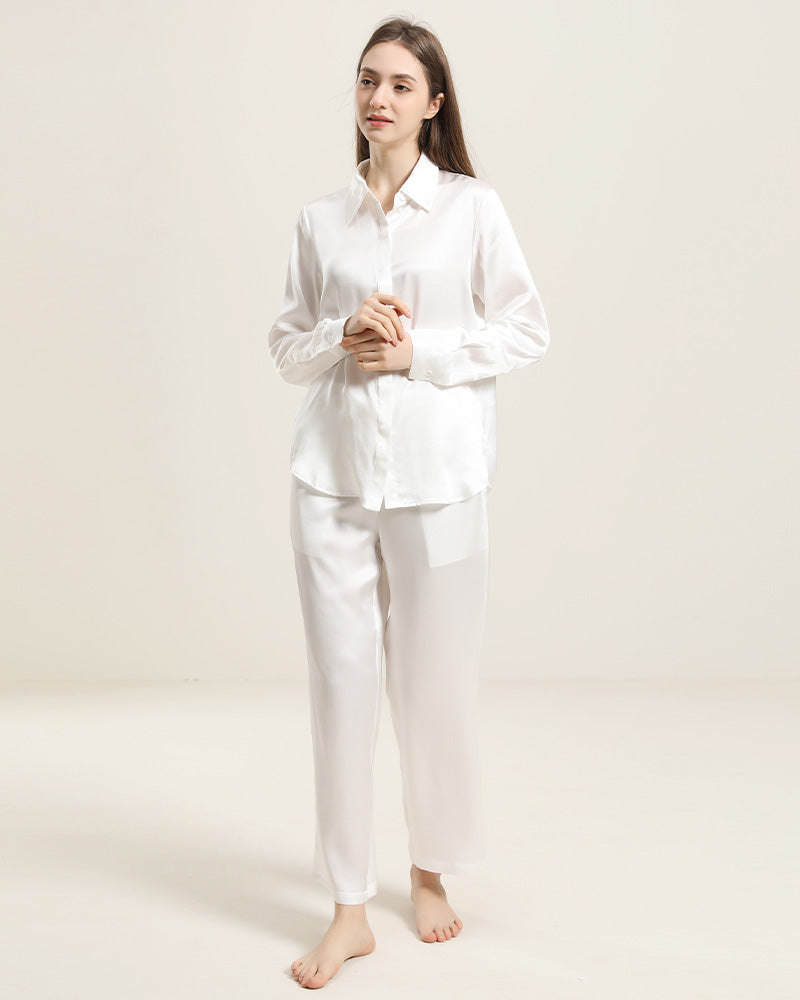 Luxury Silk Shirt Pajama Set, White