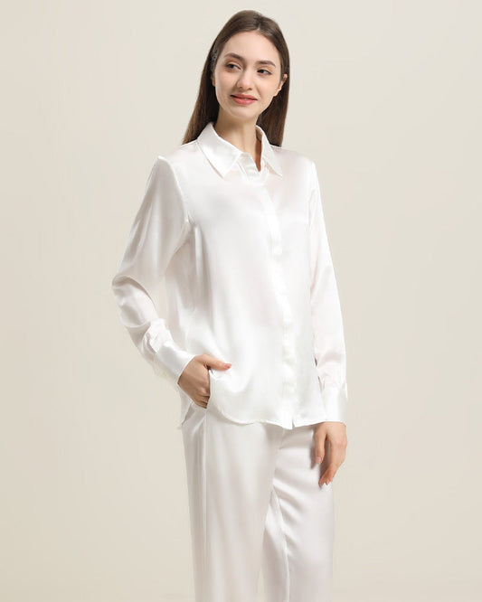 Luxury Silk Shirt Pajama Set, White