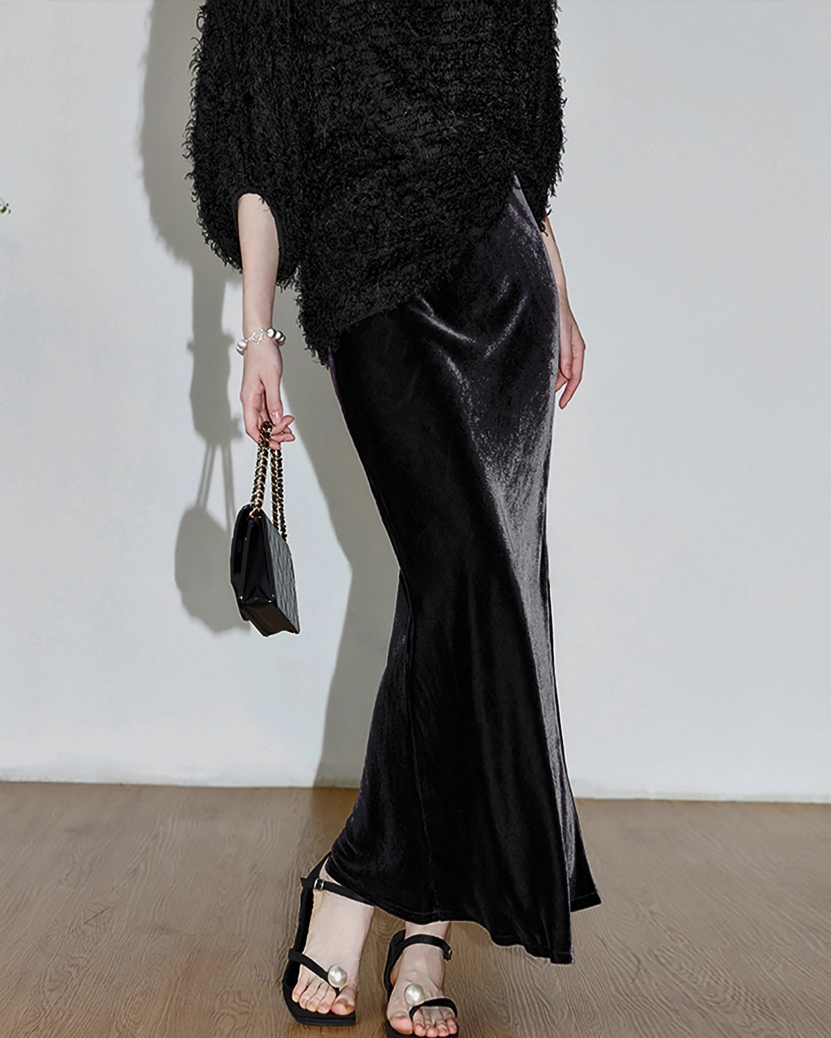 Silk Velvet Side Slit Maxi Skirt, Black