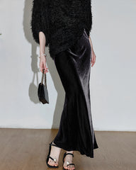 Silk Velvet Side Slit Maxi Skirt, Black