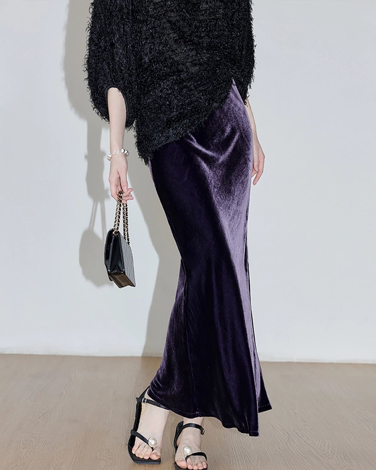 Silk Velvet Side Slit Maxi Skirt, Purple