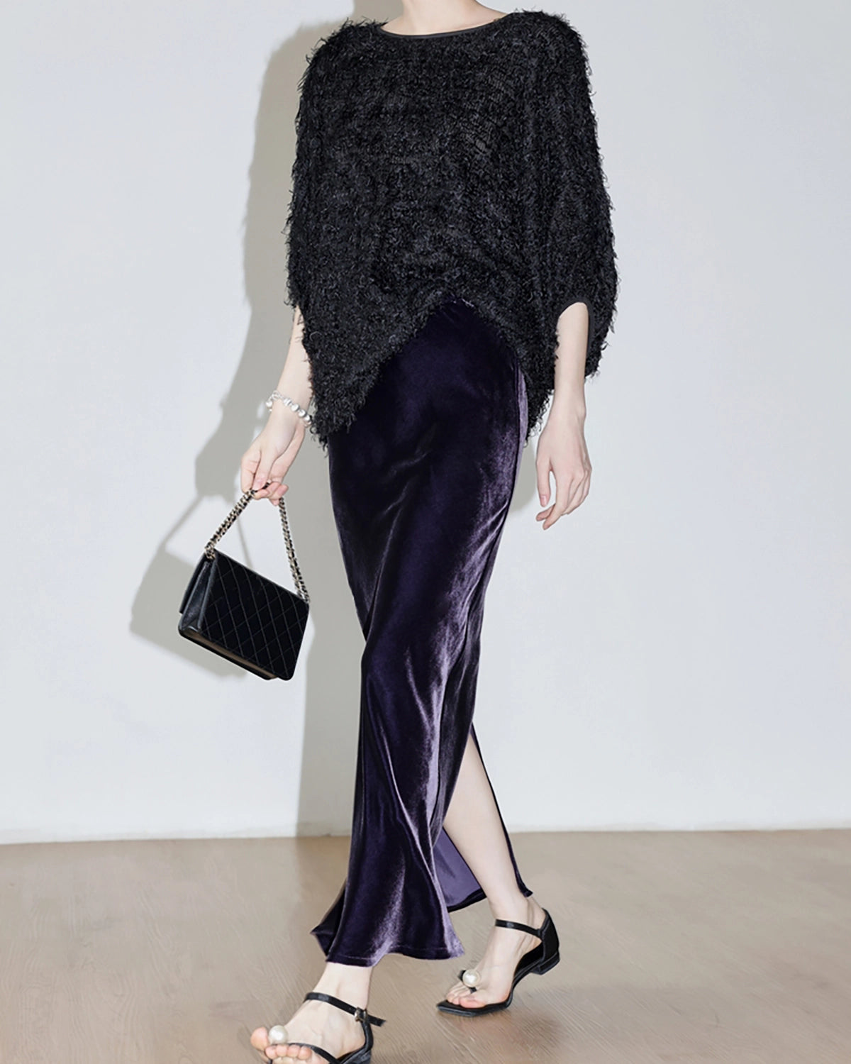 Silk Velvet Side Slit Maxi Skirt, Purple