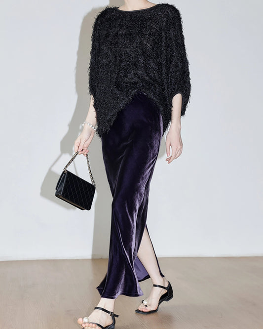 Silk Velvet Side Slit Maxi Skirt, Purple