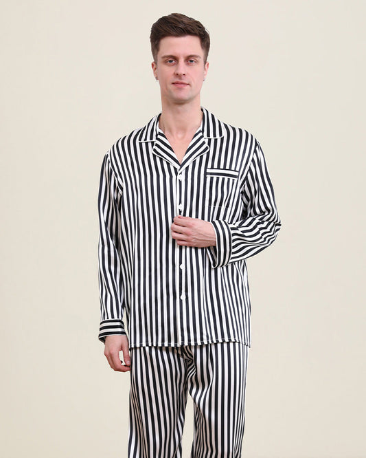 Men Silk Pajamas Set White Stripe Style