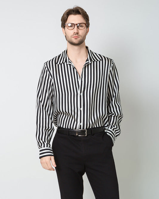 Men's Silk Basic Striped Shirt, Black and White