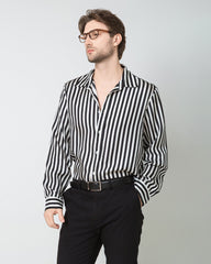 Men's Silk Basic Striped Shirt, Black and White
