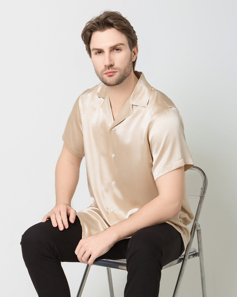 Men's Silk Short Sleeve Business Shirt, Champagne