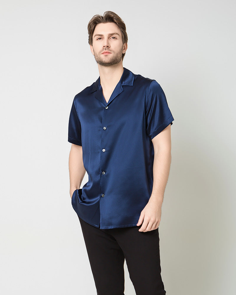 Men's Silk Short Sleeve Business Shirt, Navy