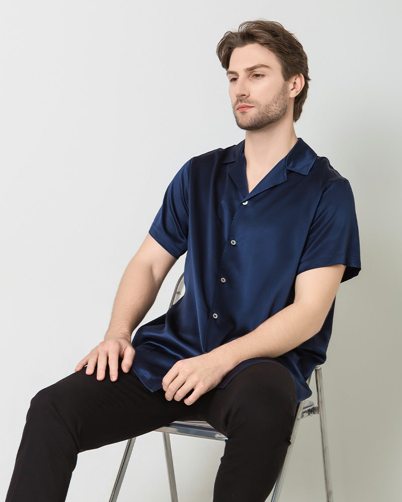 Men's Silk Short Sleeve Business Shirt, Navy