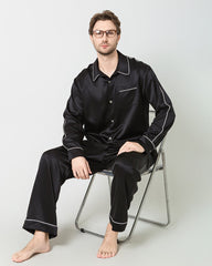 Men's Silk Contrast Piping Pajamas, Black