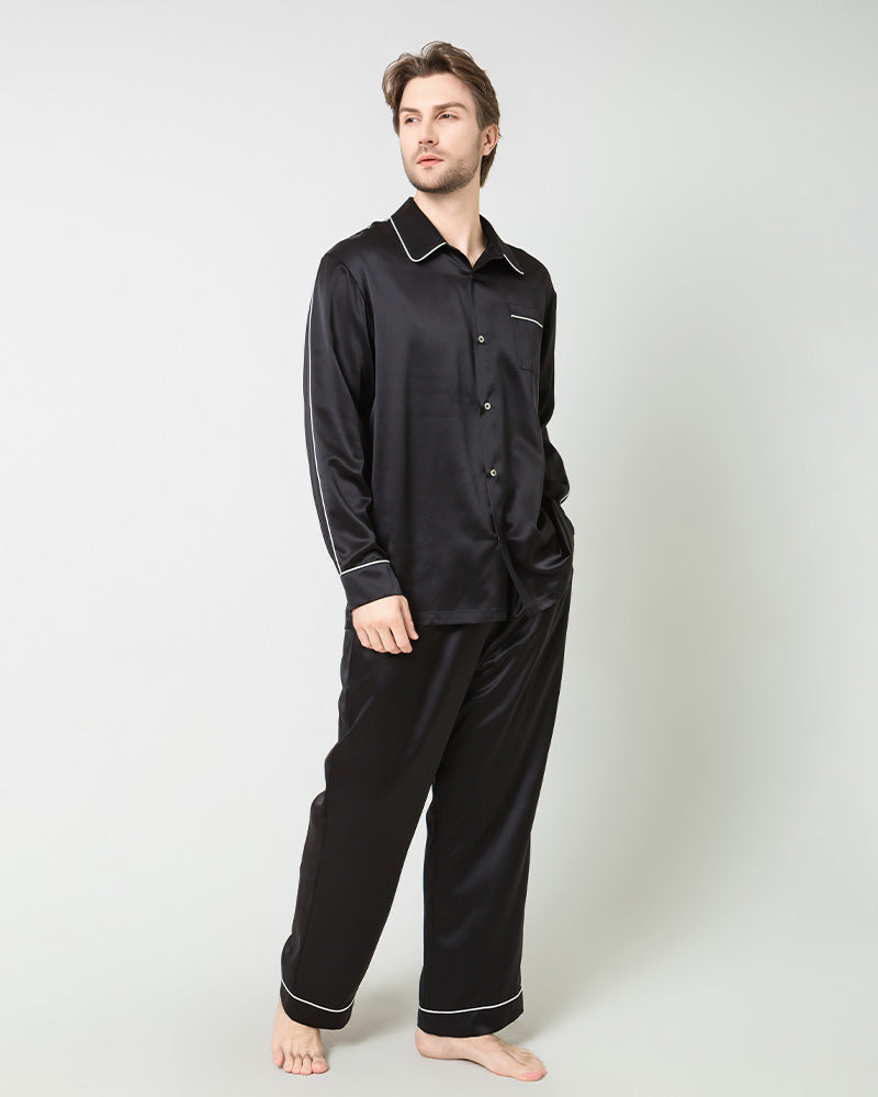 Men's Silk Contrast Piping Pajamas, Black