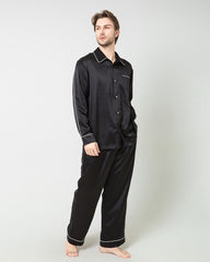 Men's Silk Contrast Piping Pajamas, Black