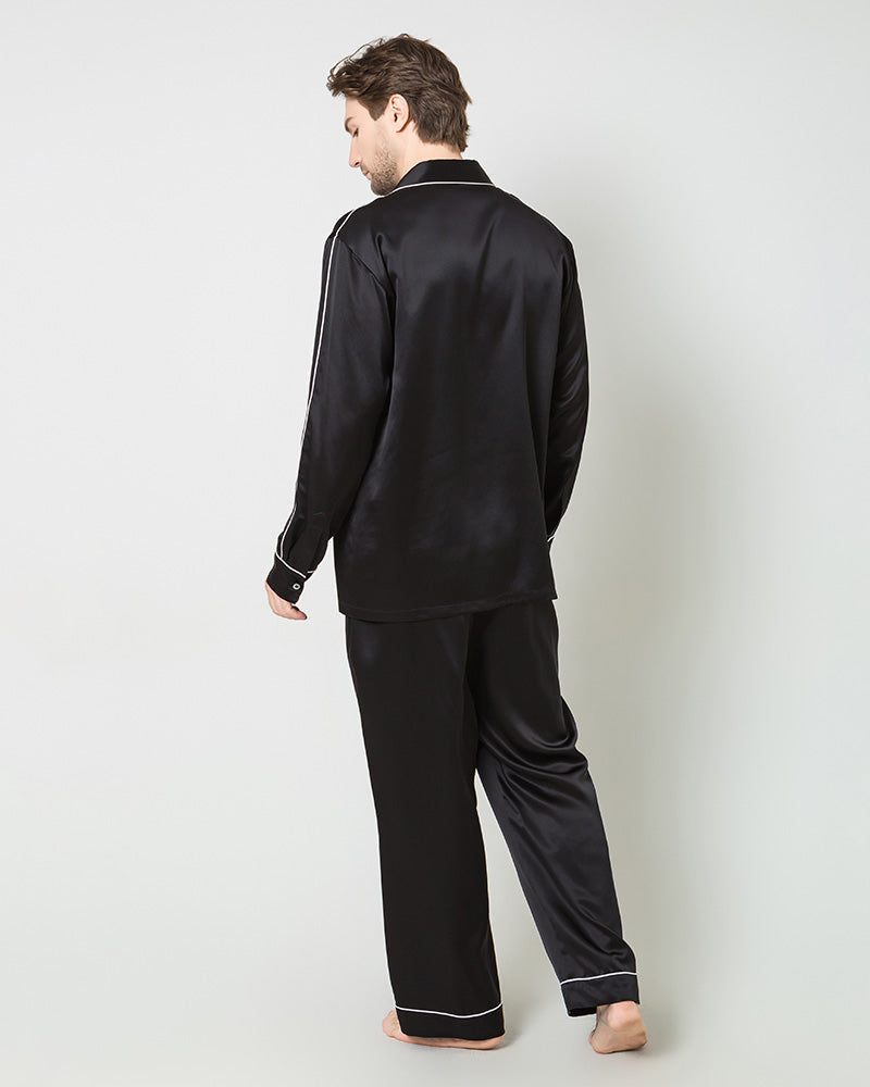 Men's Silk Contrast Piping Pajamas, Black