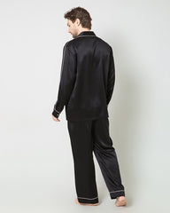 Men's Silk Contrast Piping Pajamas, Black