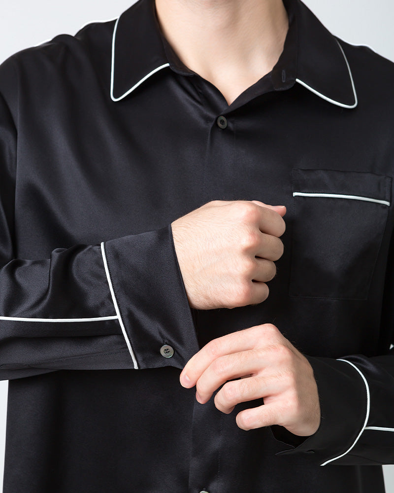 Men's Silk Contrast Piping Pajamas, Black