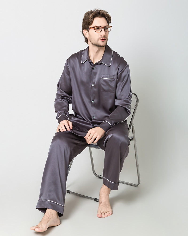 Men's Silk Contrast Piping Pajamas, Grey