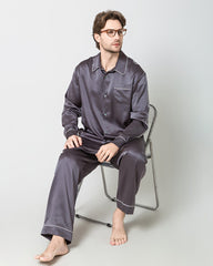 Men's Silk Contrast Piping Pajamas, Grey