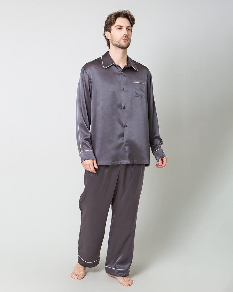 Men's Silk Contrast Piping Pajamas, Grey