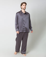 Men's Silk Contrast Piping Pajamas, Grey