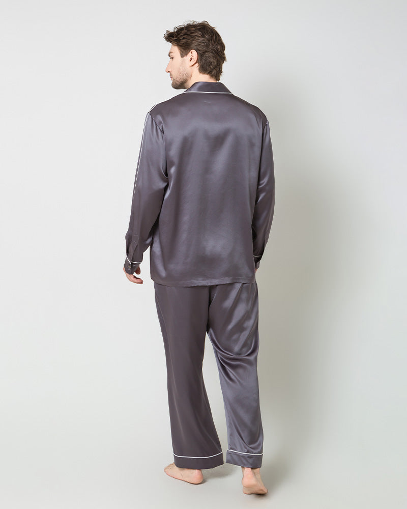 Men's Silk Contrast Piping Pajamas, Grey