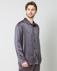 Men's Silk Contrast Piping Pajamas, Grey