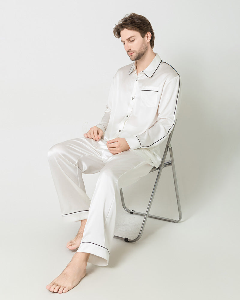 Men's Silk Contrast Piping Pajamas, White