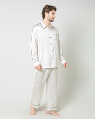 Men's Silk Contrast Piping Pajamas, White