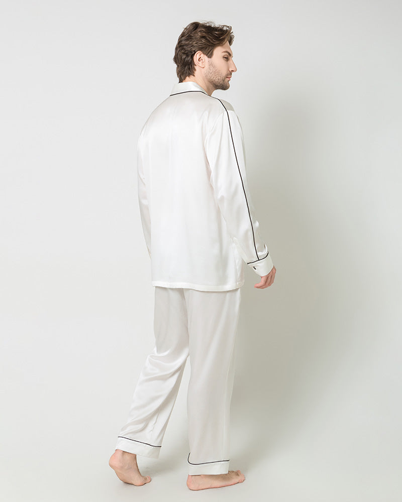 Men's Silk Contrast Piping Pajamas, White