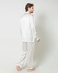 Men's Silk Contrast Piping Pajamas, White