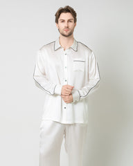 Men's Silk Contrast Piping Pajamas, White