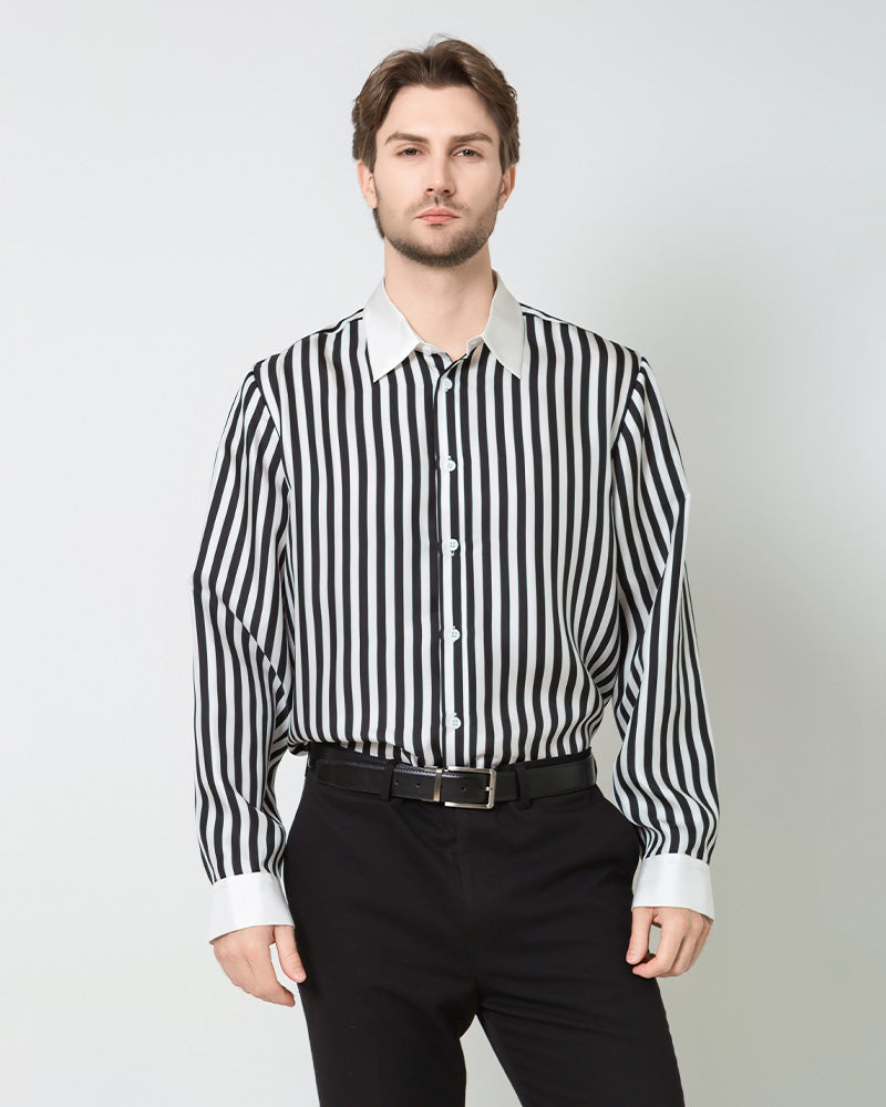 Men's Silk Striped White Collar Shirt, Black and White