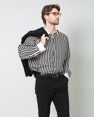 Men's Silk Striped White Collar Shirt, Black and White