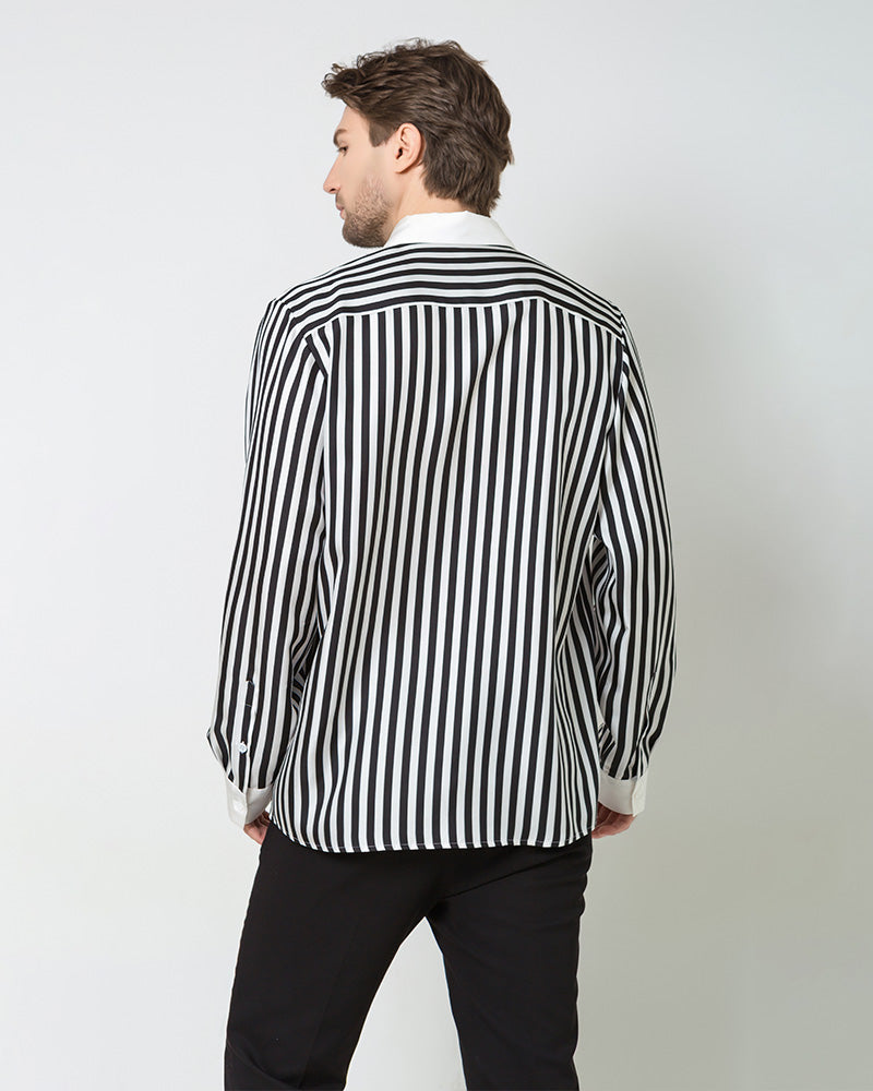 Men's Silk Striped White Collar Shirt, Black and White