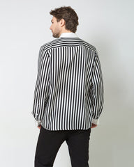 Men's Silk Striped White Collar Shirt, Black and White