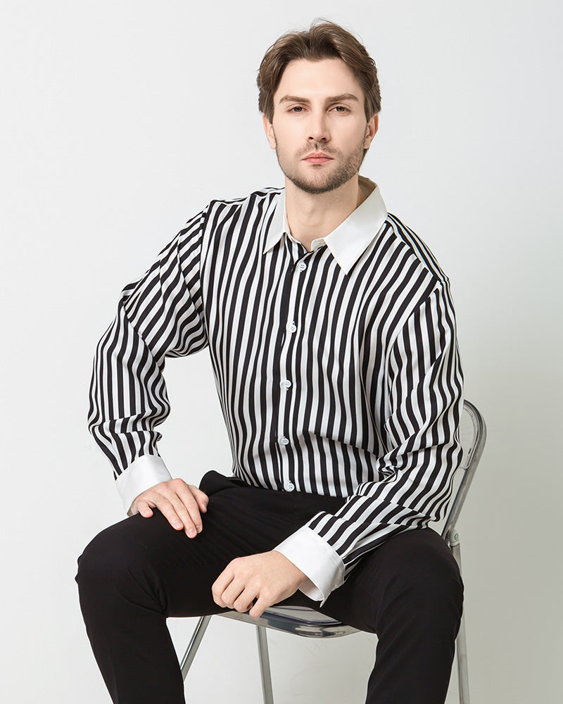 Men's Silk Striped White Collar Shirt, Black and White