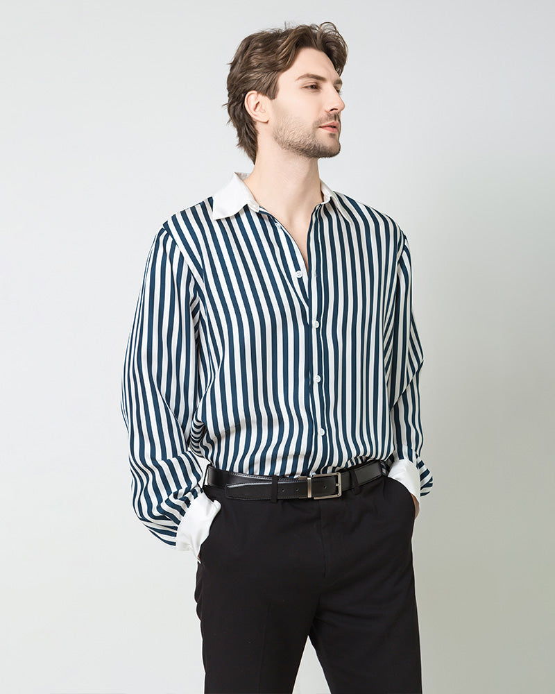 Men's Silk Striped White Collar Shirt, Navy