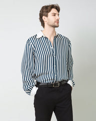 Men's Silk Striped White Collar Shirt, Navy