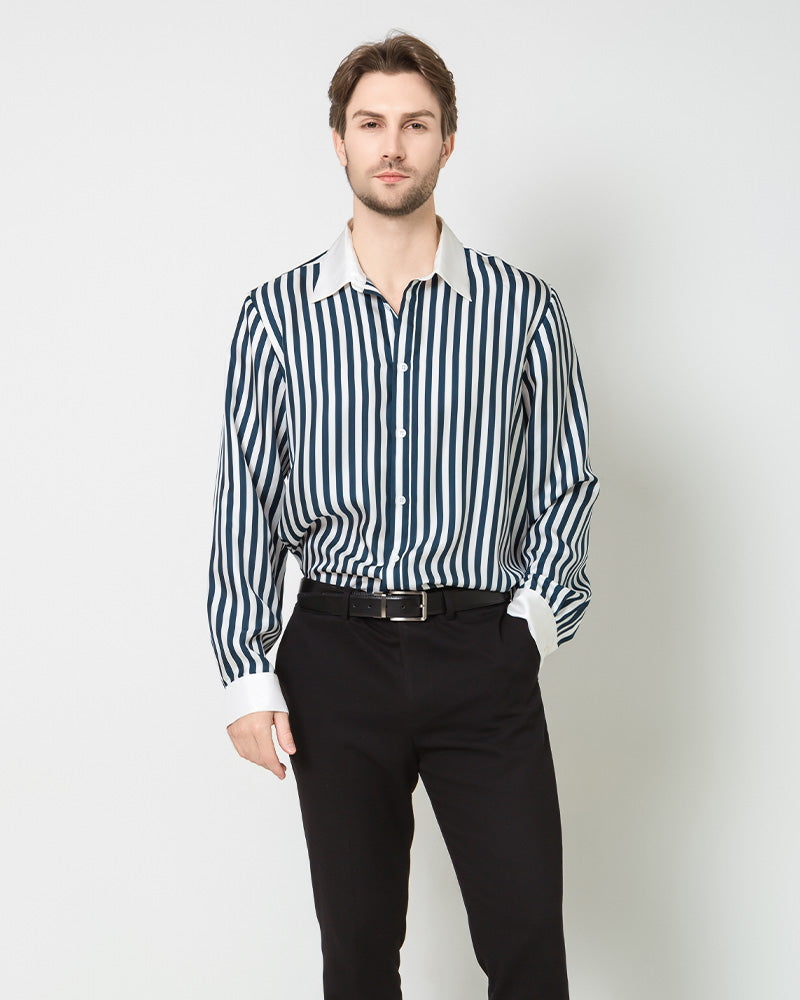 Men's Silk Striped White Collar Shirt, Navy