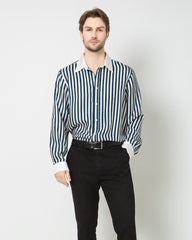 Men's Silk Striped White Collar Shirt, Navy
