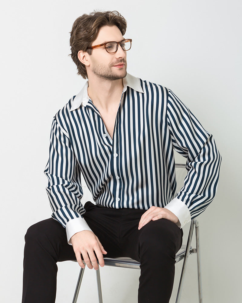 Men's Silk Striped White Collar Shirt, Navy