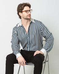 Men's Silk Striped White Collar Shirt, Navy