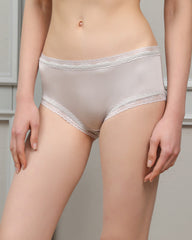 Mid Rise Silk Briefs with Lace Trim, Grey