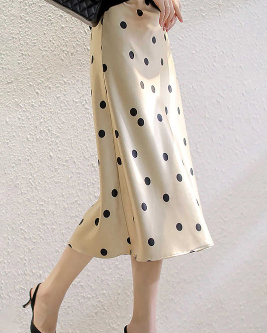 Polka Dot Silk Midi Skirt, Champagne